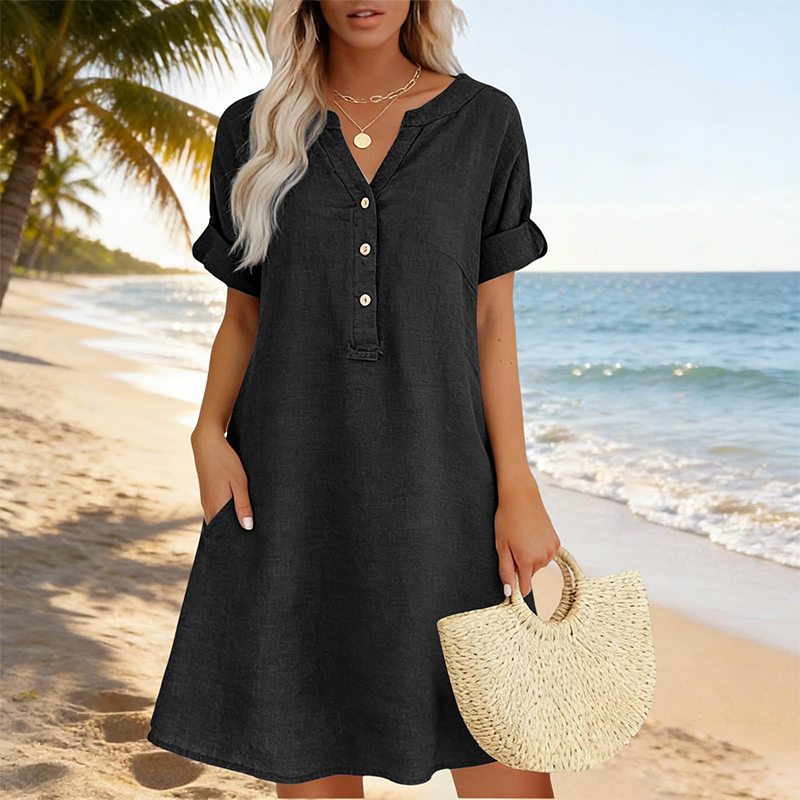 Fynessa - Women's Cotton Tunic Dress with V-neck and Pockets