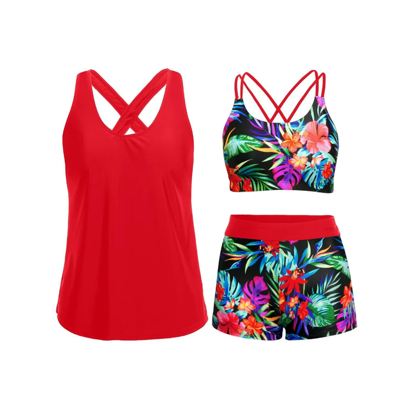 Nirevella - Women's Full Coverage Three-Piece Tankini with Shorts