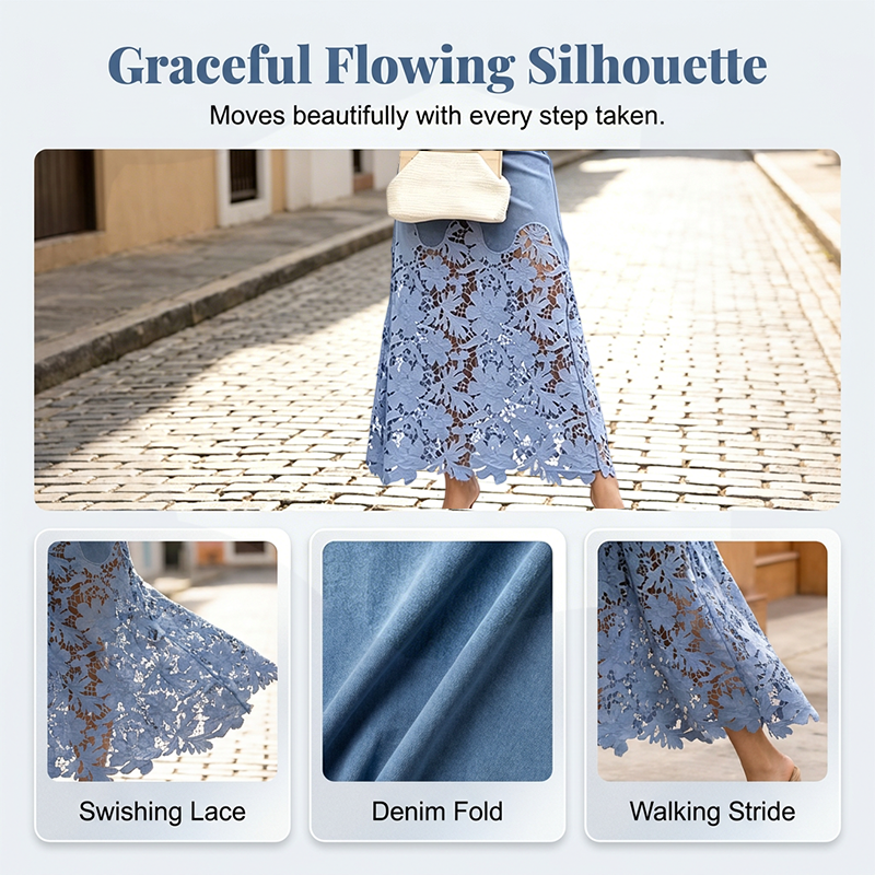 Helynora - Women's Long Denim Skirt with Floral Lace Trim