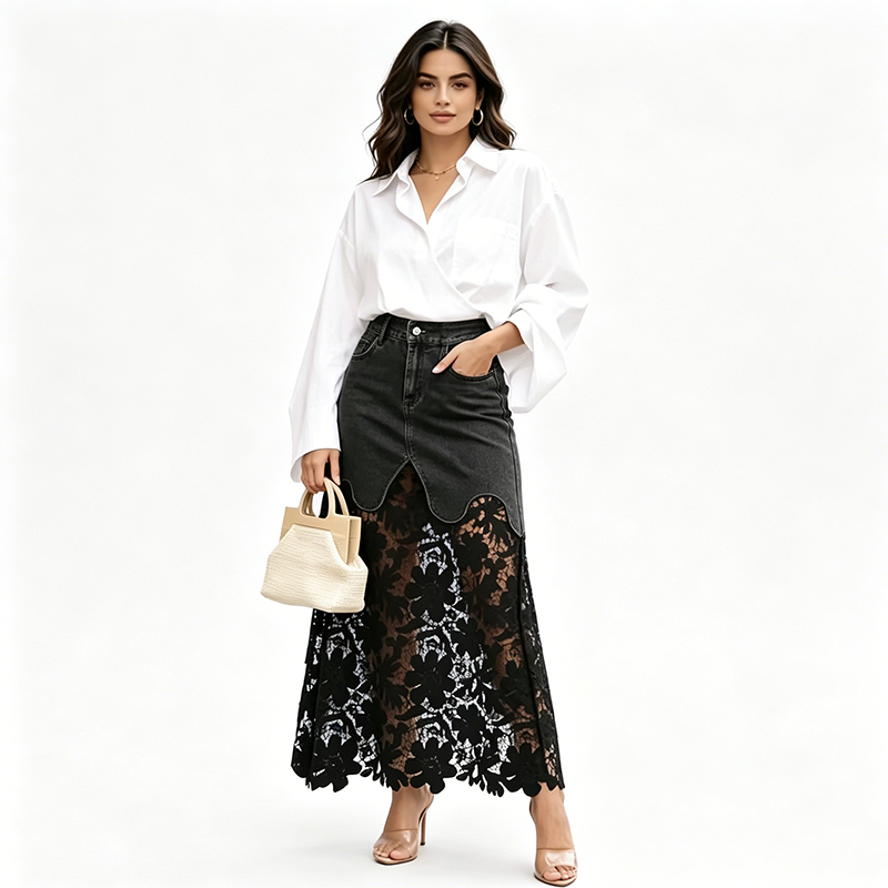 Helynora - Women's Long Denim Skirt with Floral Lace Trim