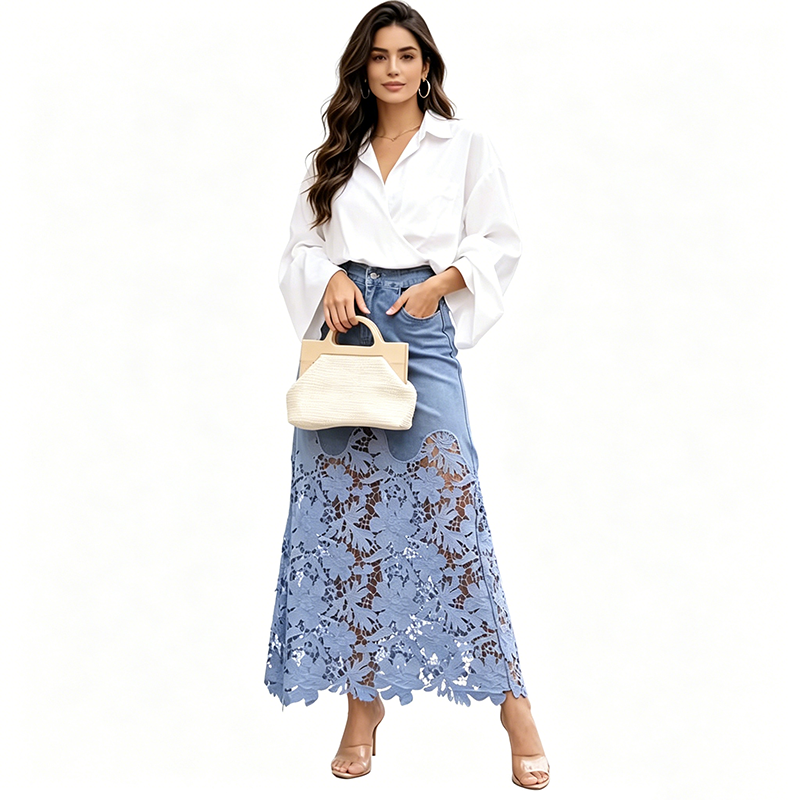 Helynora - Women's Long Denim Skirt with Floral Lace Trim