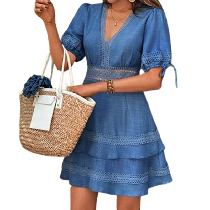 Béline - Robe femme col V en dentelle avec volants