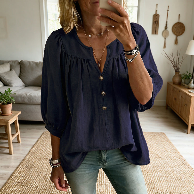 ✨ Blouse à Col V Élégante avec Manches 3/4 – Douce, Respirante & Stylée💕
