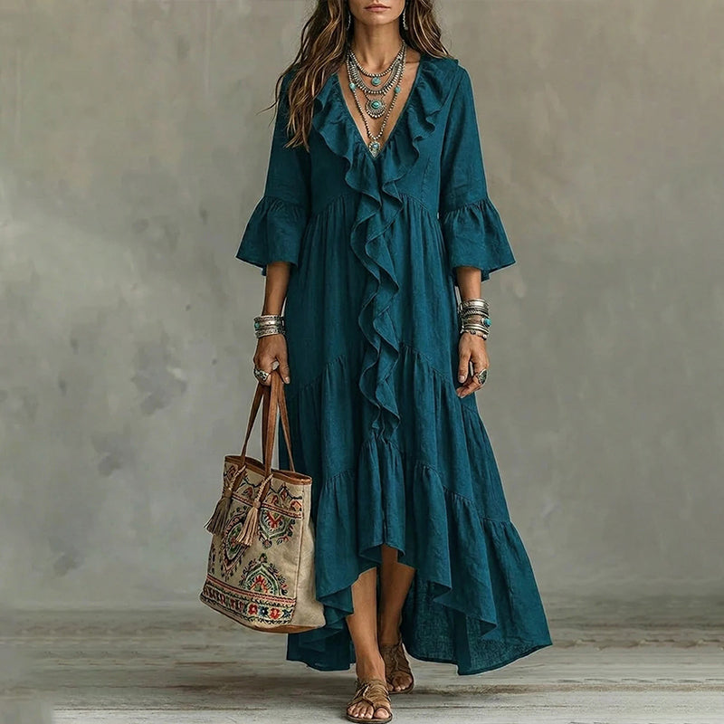 Amandra - Robe midi femme à volants avec col V