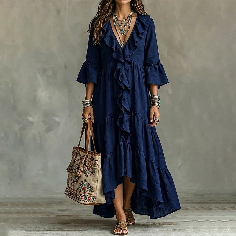 Amandra - Robe midi femme à volants avec col V