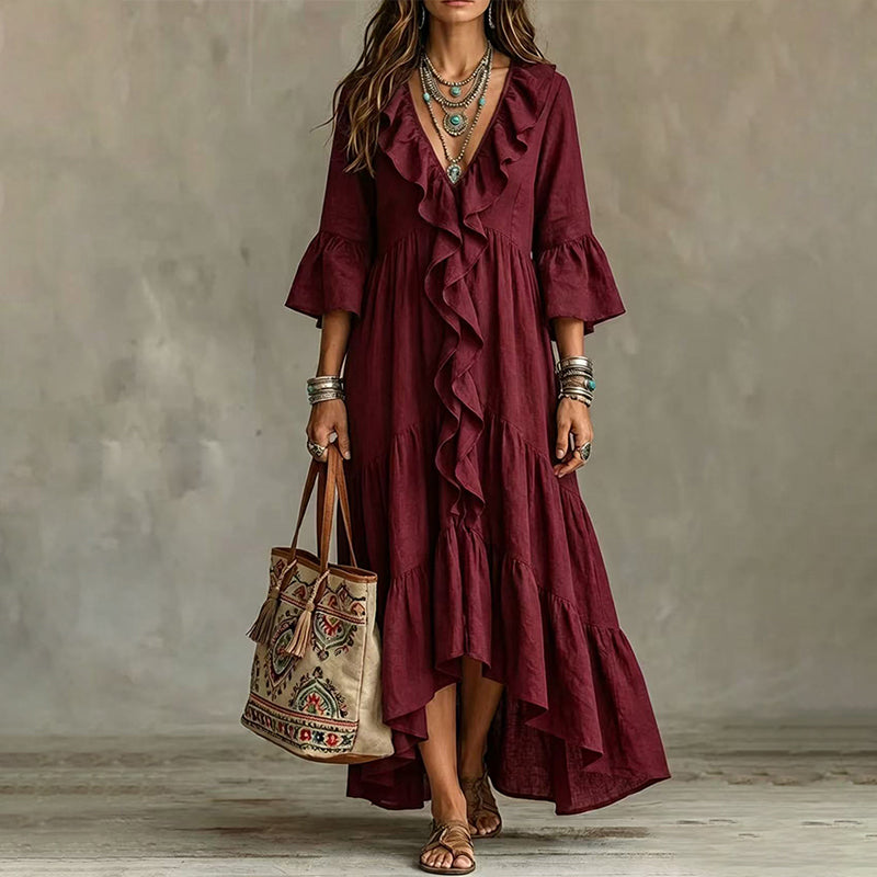 Amandra - Robe midi femme à volants avec col V