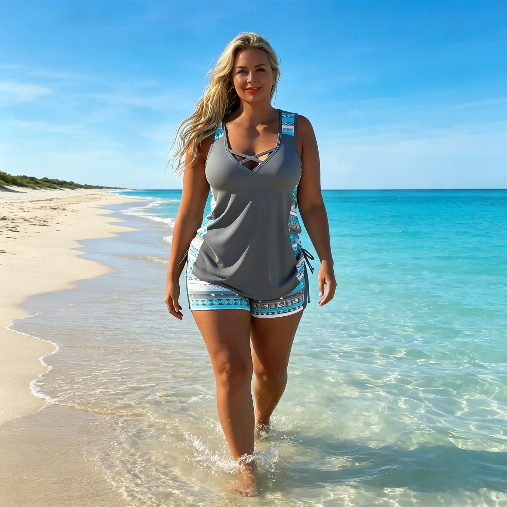 Tovienne - Women's Two-Piece V-Neck Geometric Print Shorts Tankini