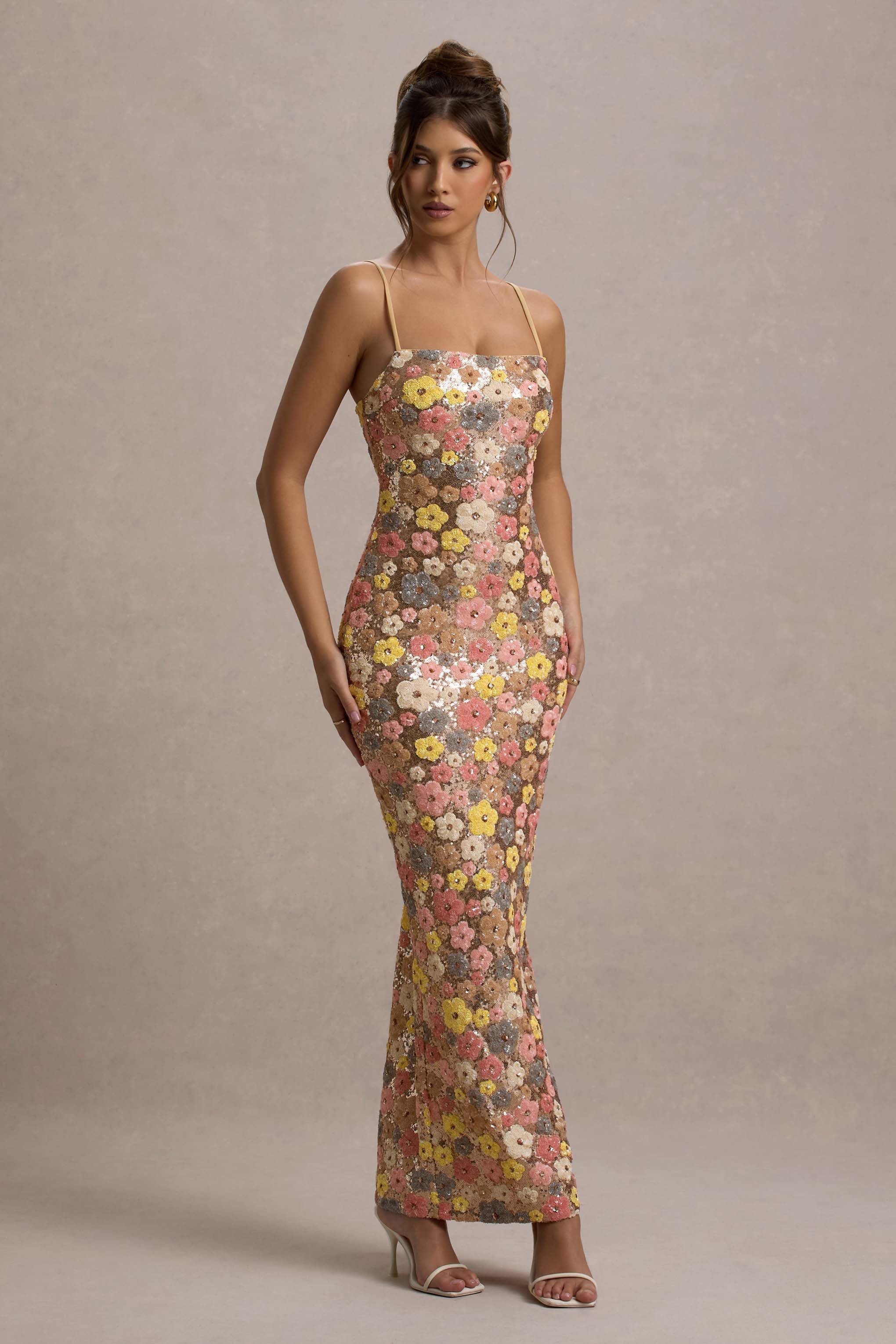 Lunovelle - Women's Elegant Floral Long Dress with Thin Straps