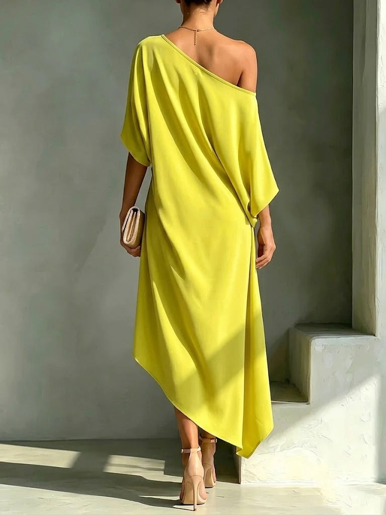 Helovyn - Women's Elegant One-Shoulder Flowy Asymmetrical Midi Dress