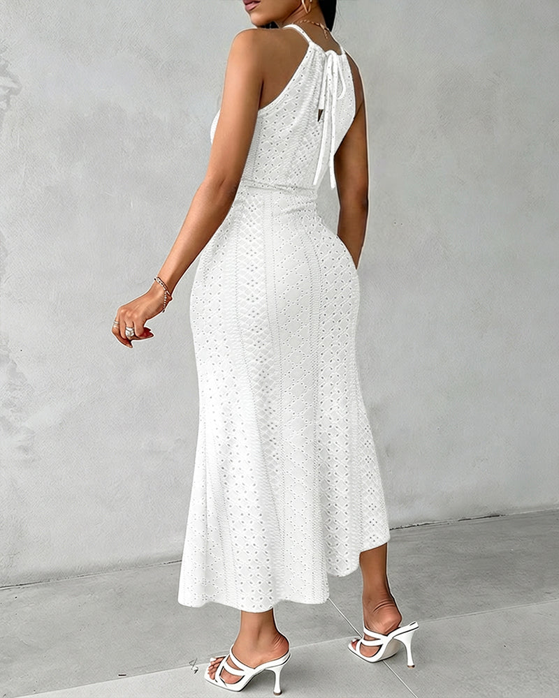 Fynovia - Women's elegant halter neck openwork jacquard split midi dress